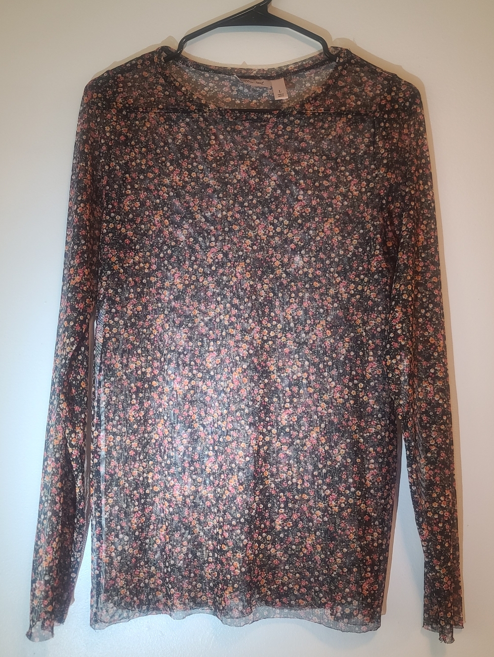 Willow & Root Floral Mesh Sheer Long Sleeve Top Black Large